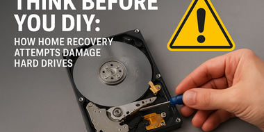 Damaged hard drive platter with warning text overlay, highlighting risks of DIY data recovery attempts.